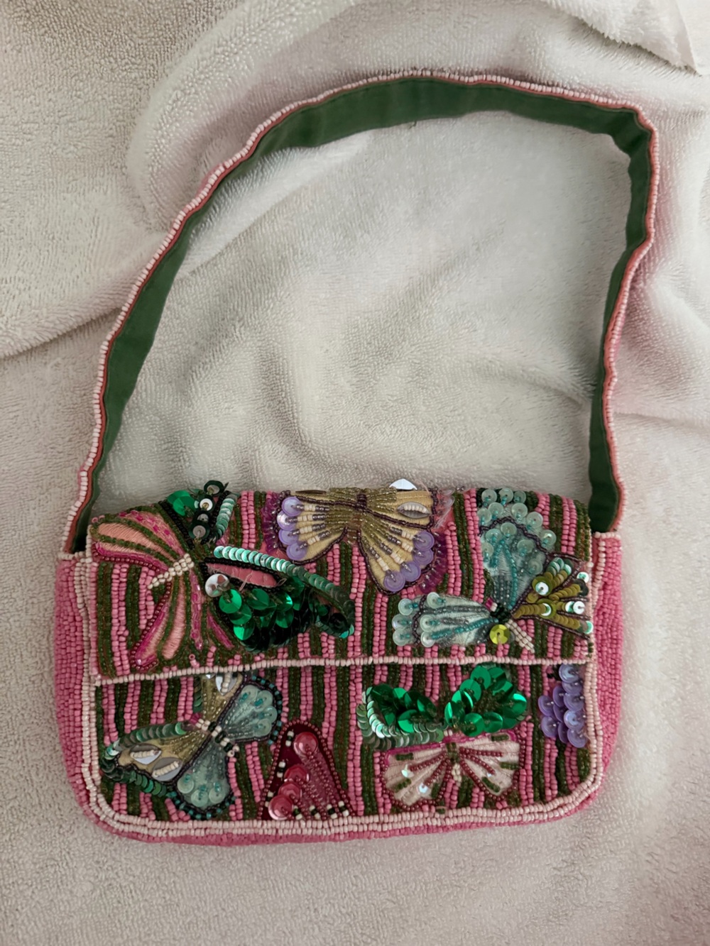 Anthropologie Pink Beaded Jacket with Green Sequin Accents